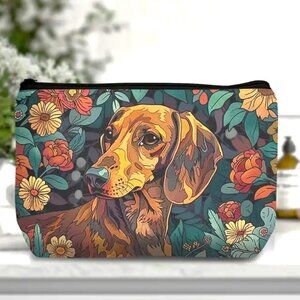 Cosmetic Bag Makeup Dachshund Dog Flowers Clutch Pouch Travel Storage Weiner NEW